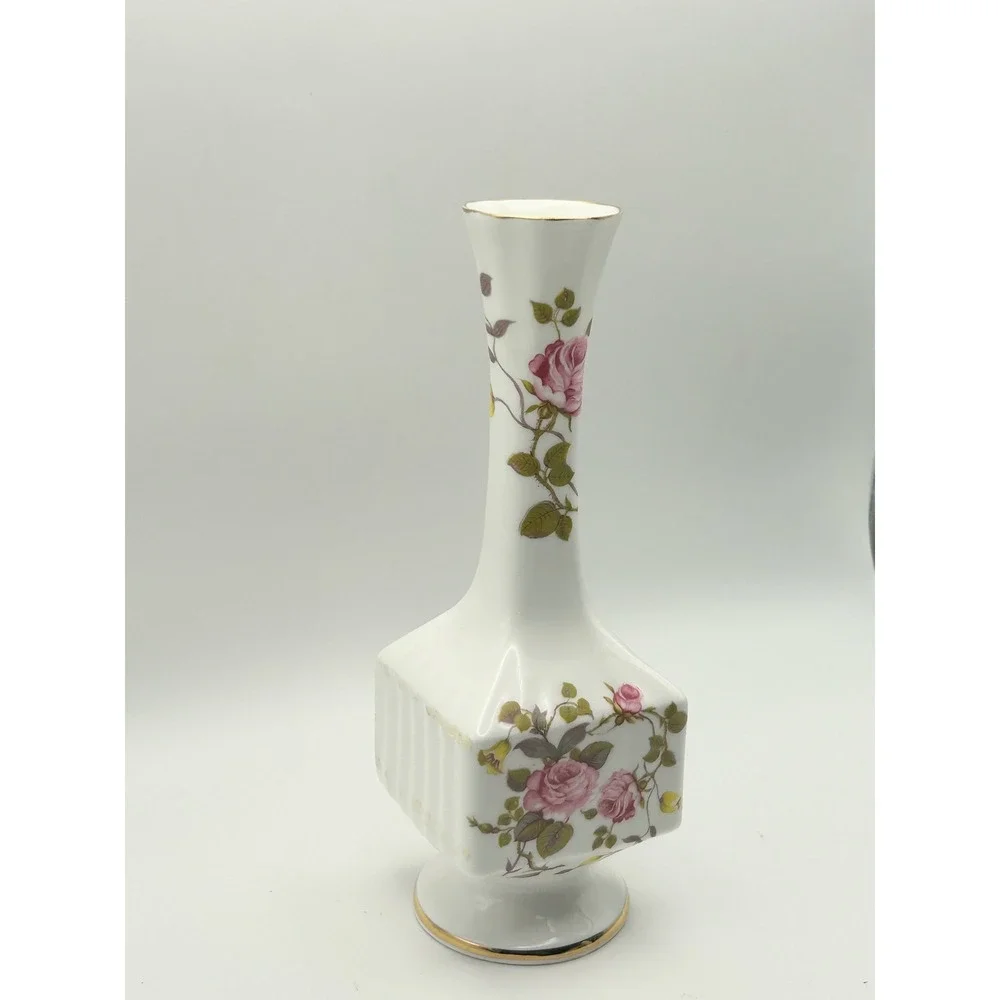 Royal Tara Ireland Fine Bone China Bud Vase Pink Rose Floral Gold Trim 7.5 Inch‎